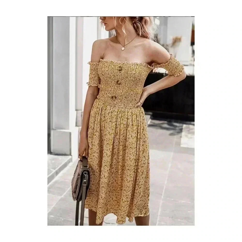 🆕Boho Trendy Floral Smocked Botton Front Off-Shoulder Dress S🆕